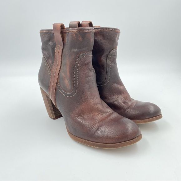 Felmini tobacco Brown Leather Western Stitching Pull Up Tabs Ankle Booties - Picture 2 of 9